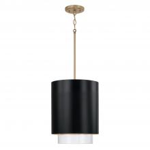  353011RK - 1-Light Cylindrical Metal Pendant in Matte Black with Matte Brass Interior and Seeded Glass