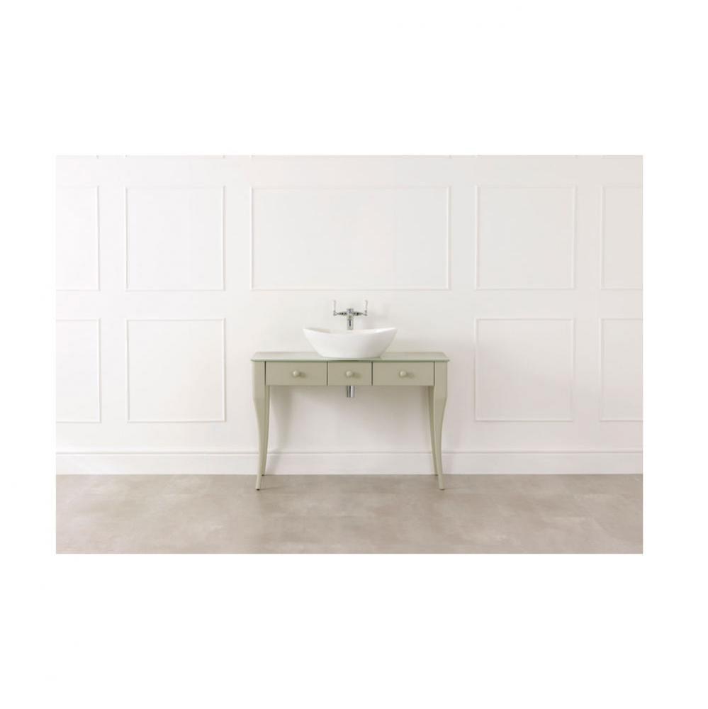 Bosa 112 Glass vanity table. 1 drawer with faux 3 drawer front plate and glass top. Light gray. 1