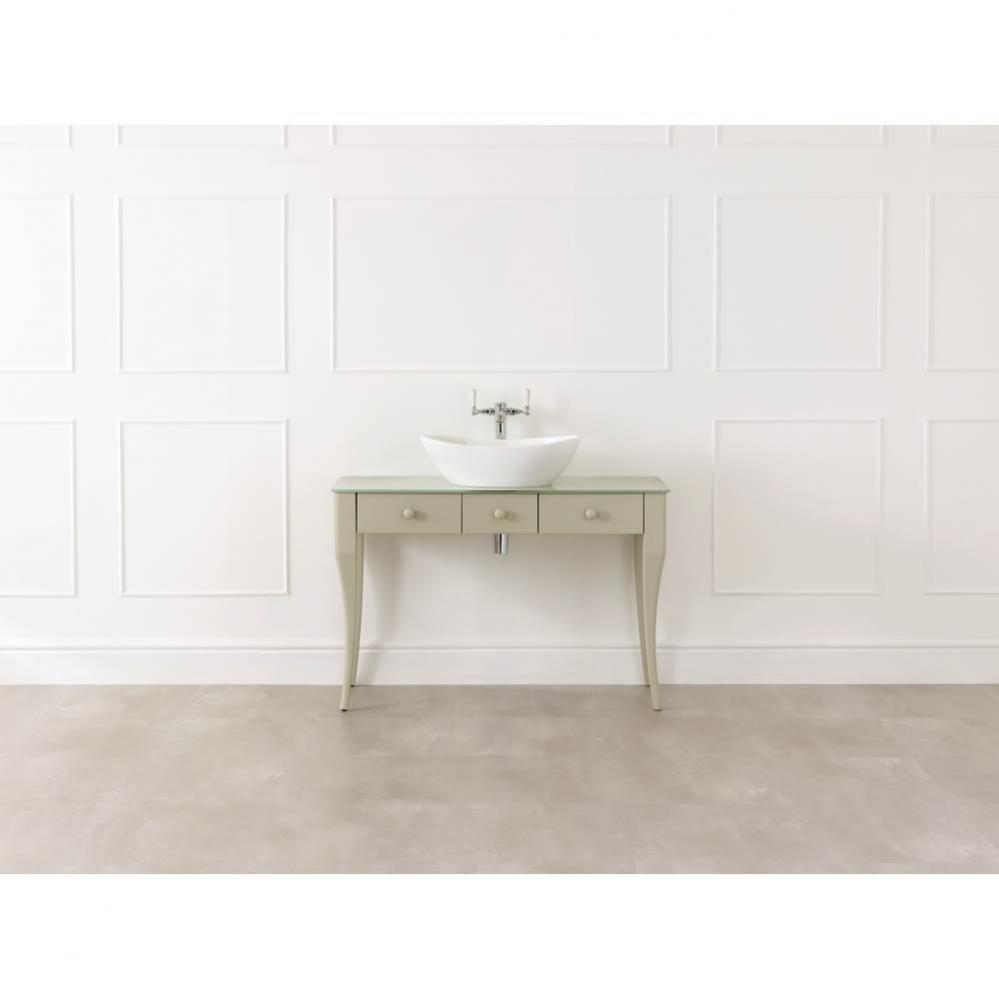 Bosa 112 Glass vanity table. 1 drawer with faux 3 drawer front plate and glass top. Light gray.