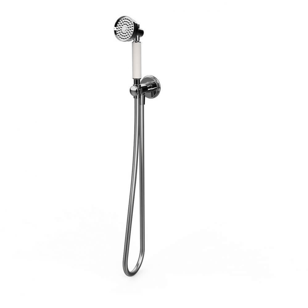 Wall mounted handheld shower attachment. Brushed