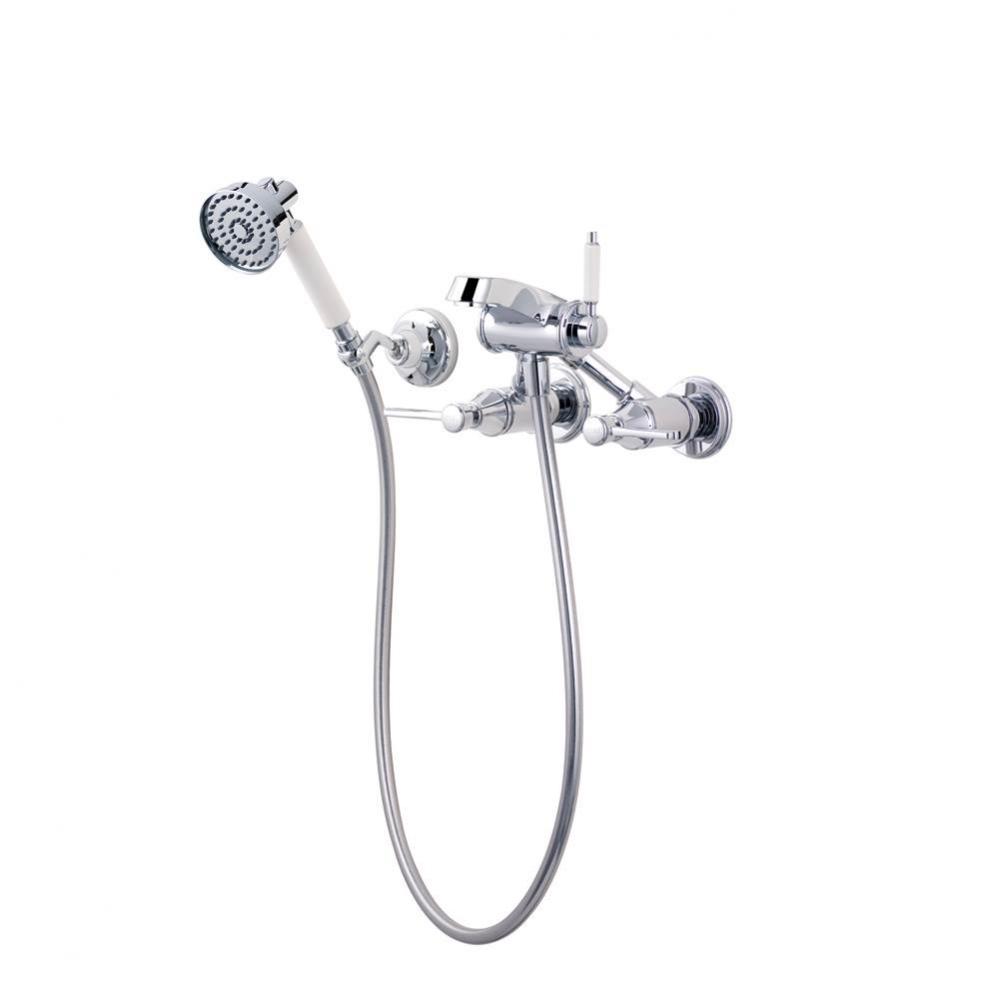 Wall mounted bath mixer with handheld shower attachment. Polished