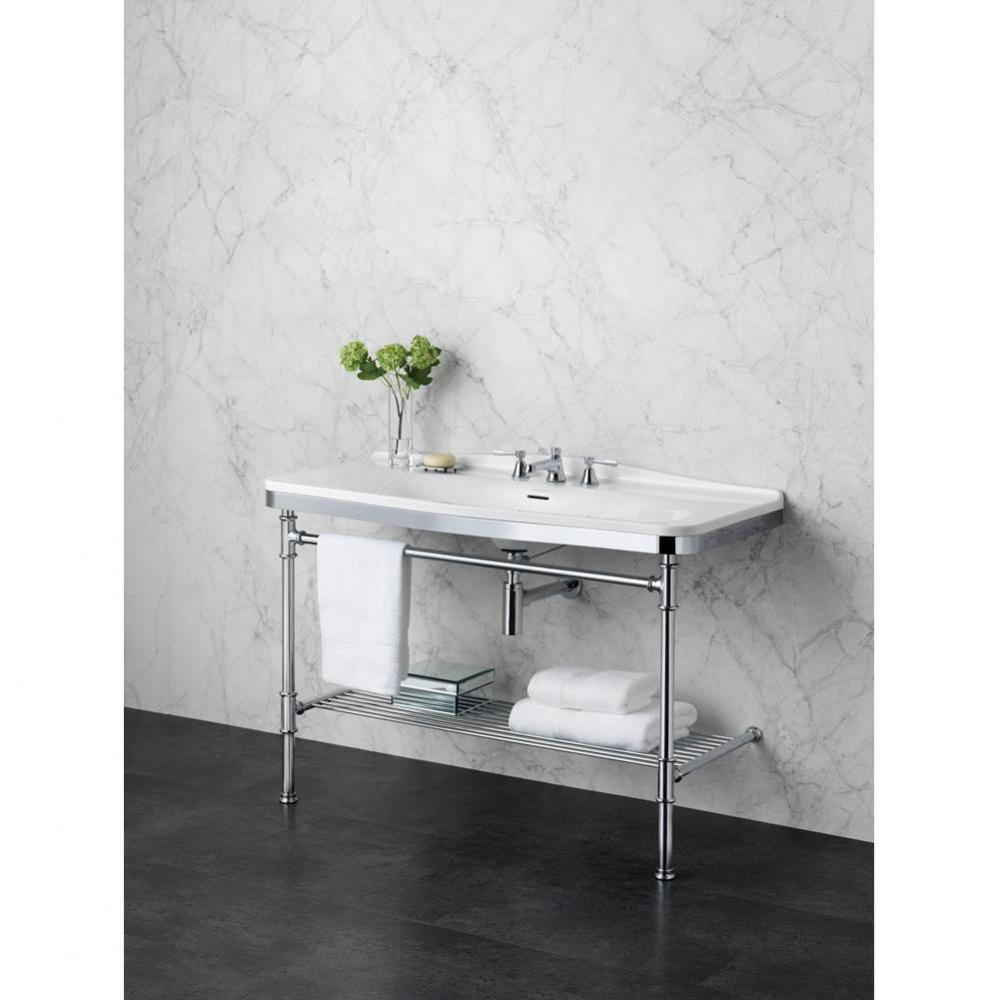 Washstand with two legs and metal rail shelf. With Mandello 114 Solo basin. 1 pre-drilled tap