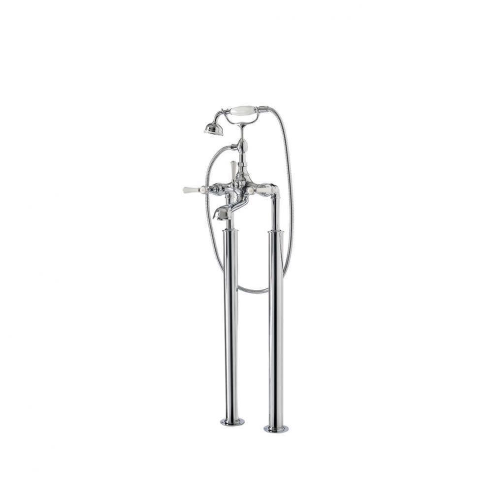 Freestanding bath mixer with shower attachment. Brushed
