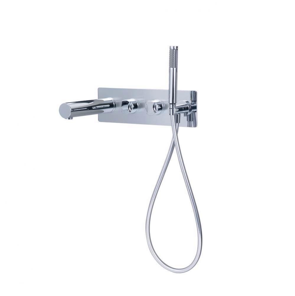 Wall mounted bath mixer with handheld shower attachment. Brushed