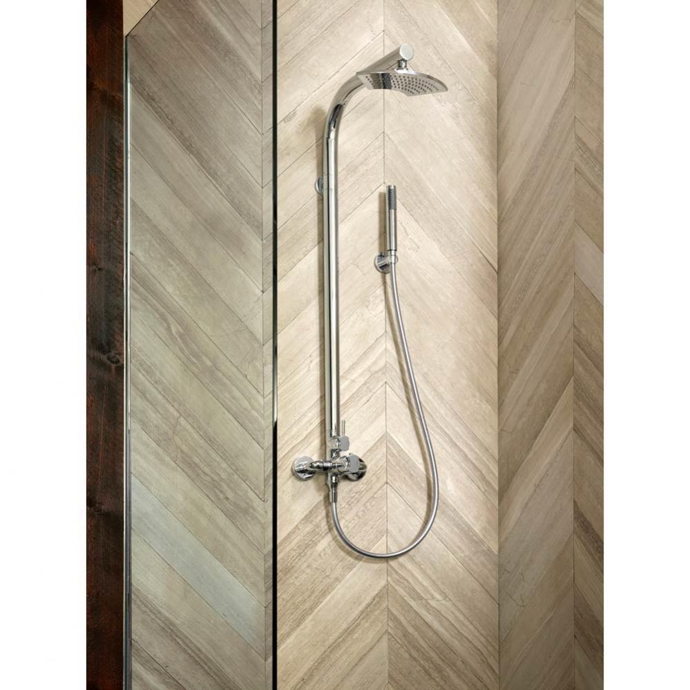Thermostatic wall mounted shower mixer with handheld shower attachment. Brushed