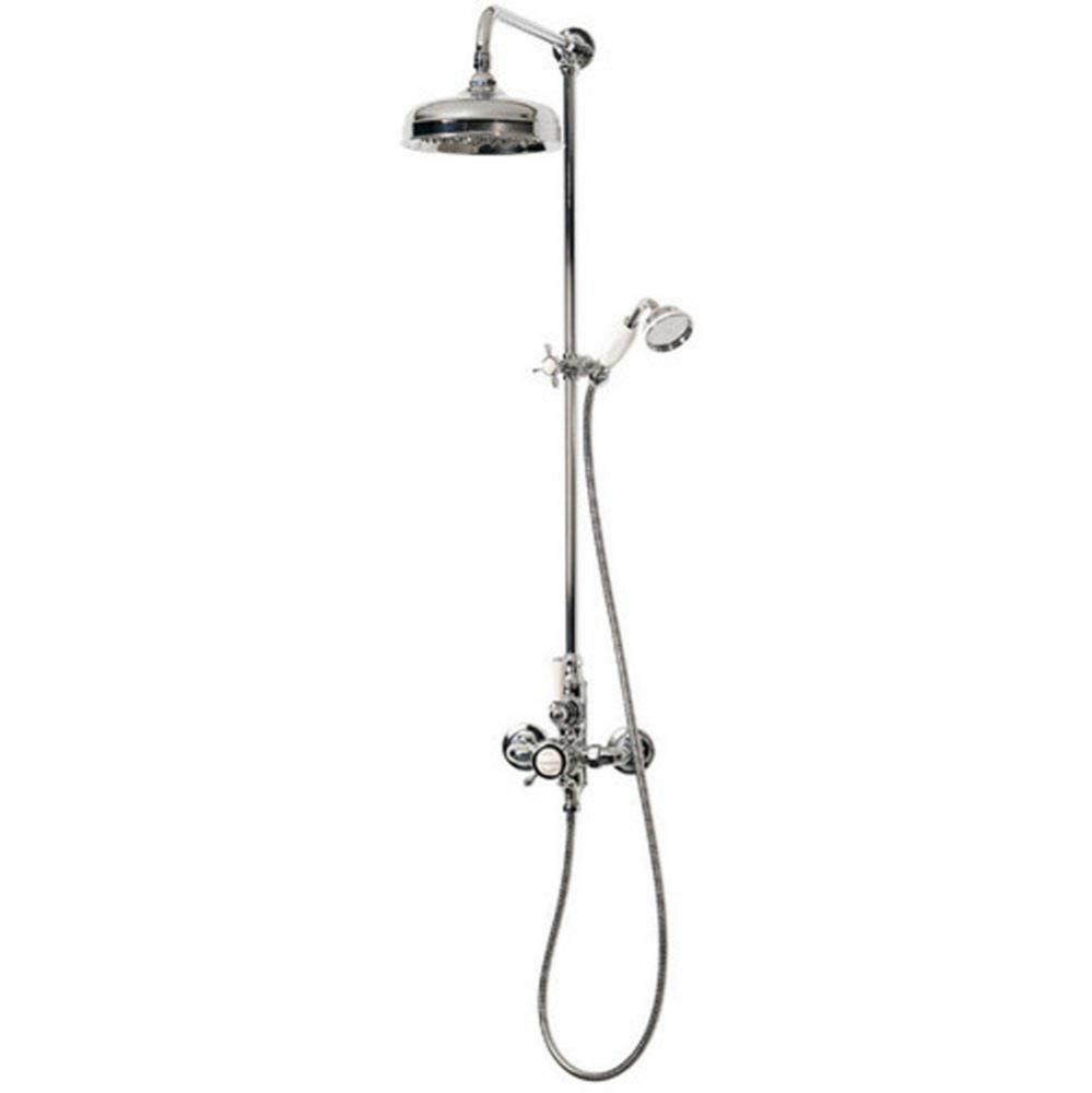 Thermostatic wall mounted shower mixer with handheld attachment. Brushed
