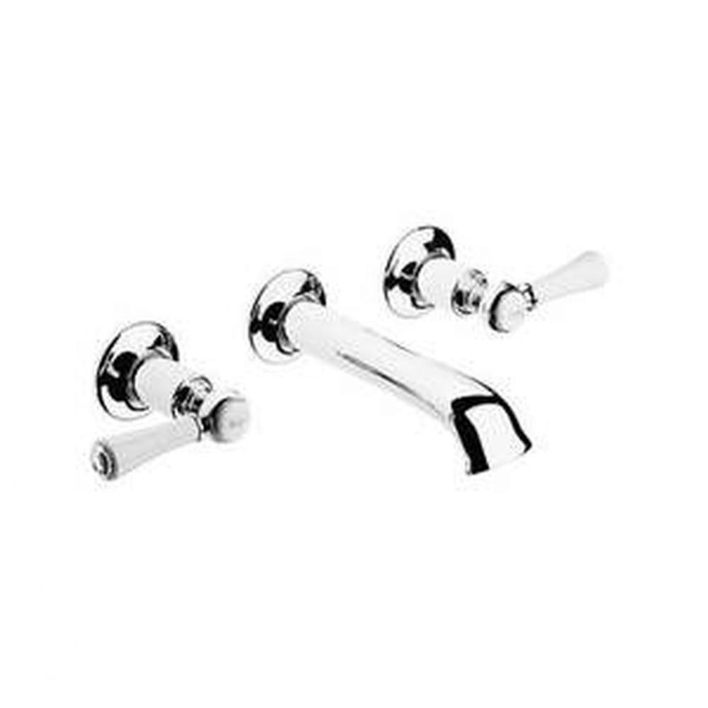Double lever wall mounted basin mixer with three holes. Brushed