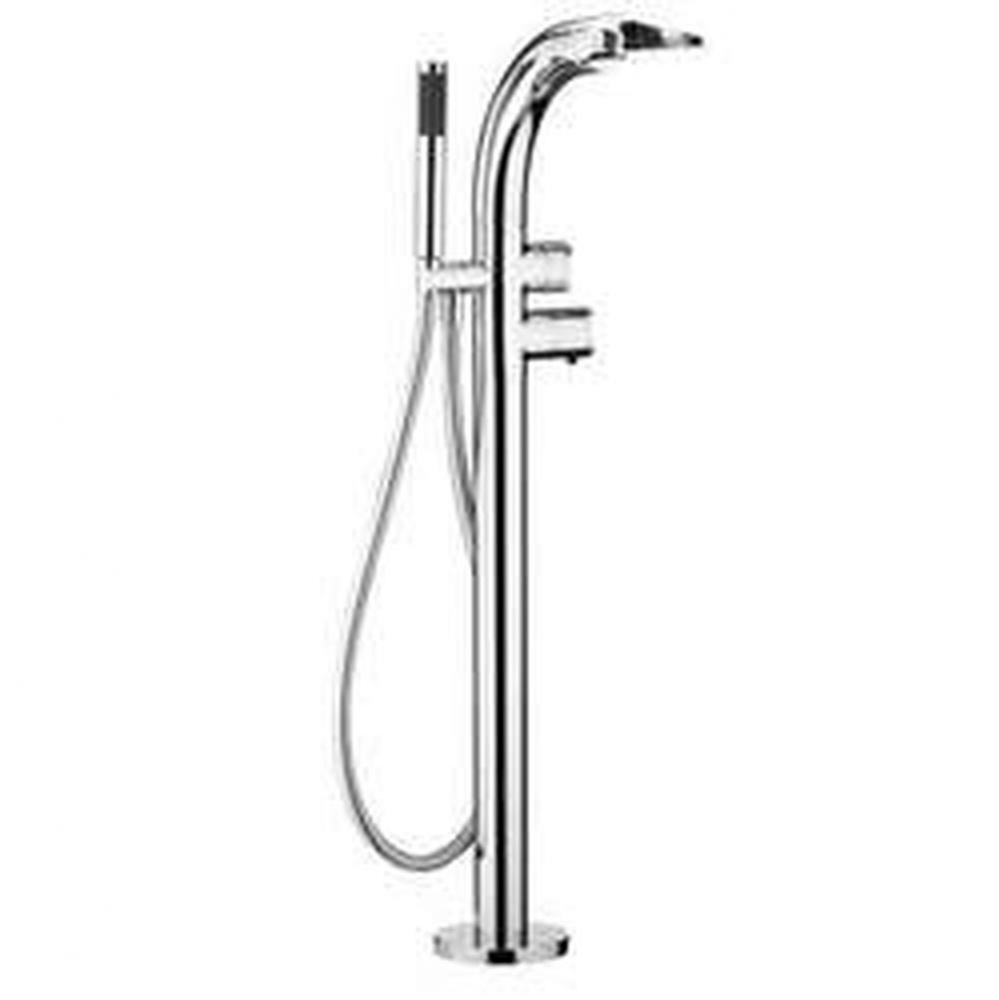 Thermostatic waterfall bath mixer with handheld shower attachment. Brushed