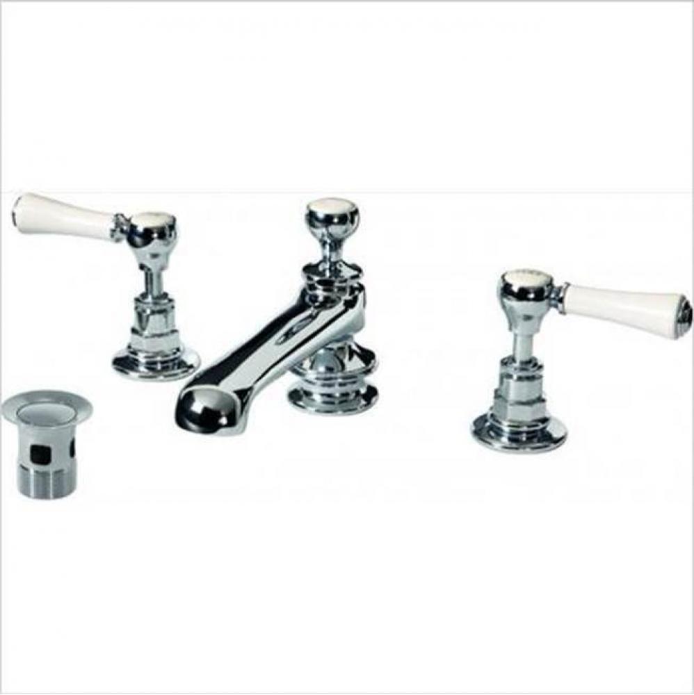 Three hole deck mounted basin mixer and waste kit. Features rod operated pop up slotted waste.