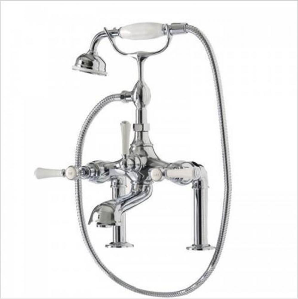 Deck mounted bath mixer with shower attachment. Brushed