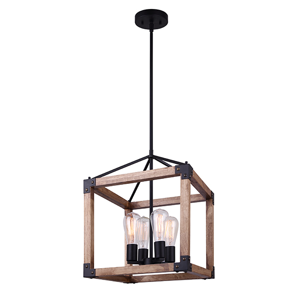 MOSS MBK + Real Wood Color, 4 Lt 39.75inch Rod Chandelier, 60W Type A, 14.5inch W x