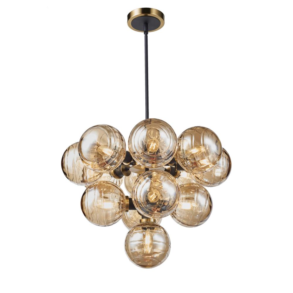 Gem Collection 13-Light Chandelier with Amber Glass Black and Brushed Brass