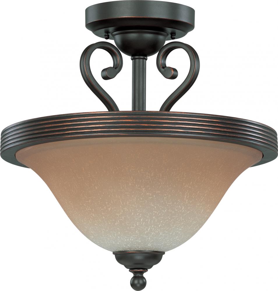 2-Light Semi Flush Mount Ceiling Light in Sudbury Bronze Finish with Champagne Linen Glass