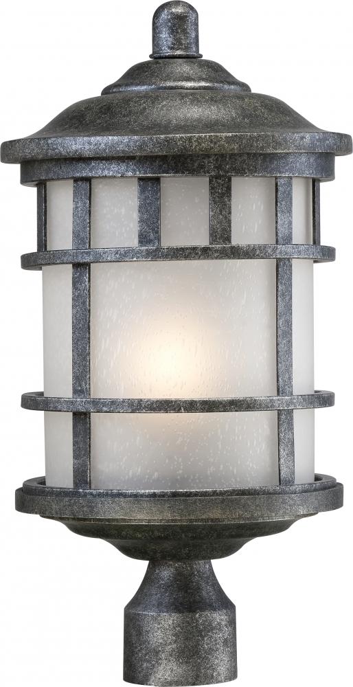 1-Light 9.5" Post Mounted Outdoor Fixture in Aged Silver Finish and Frosted Seeded Glass