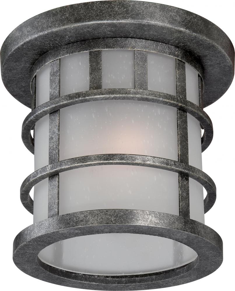 1-Light 11" Flush Mounted Outdoor Fixture in Aged Silver Finish and Frosted Seeded Glass
