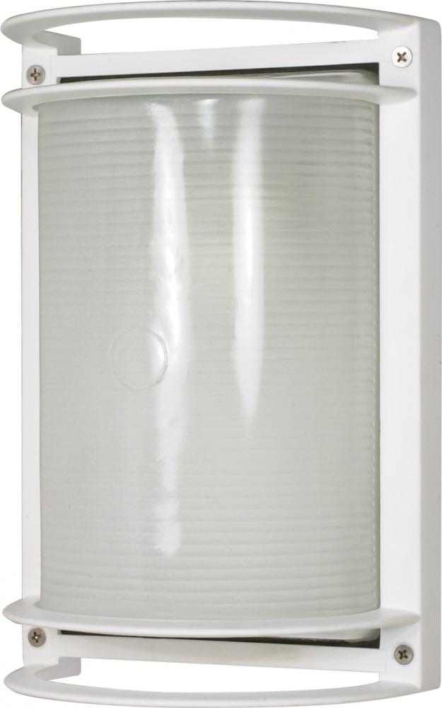 1-Light Die-Cast Rectangular Bulkhead Light in Semi Gloss White Finish with Glass Lens and (1) 18W