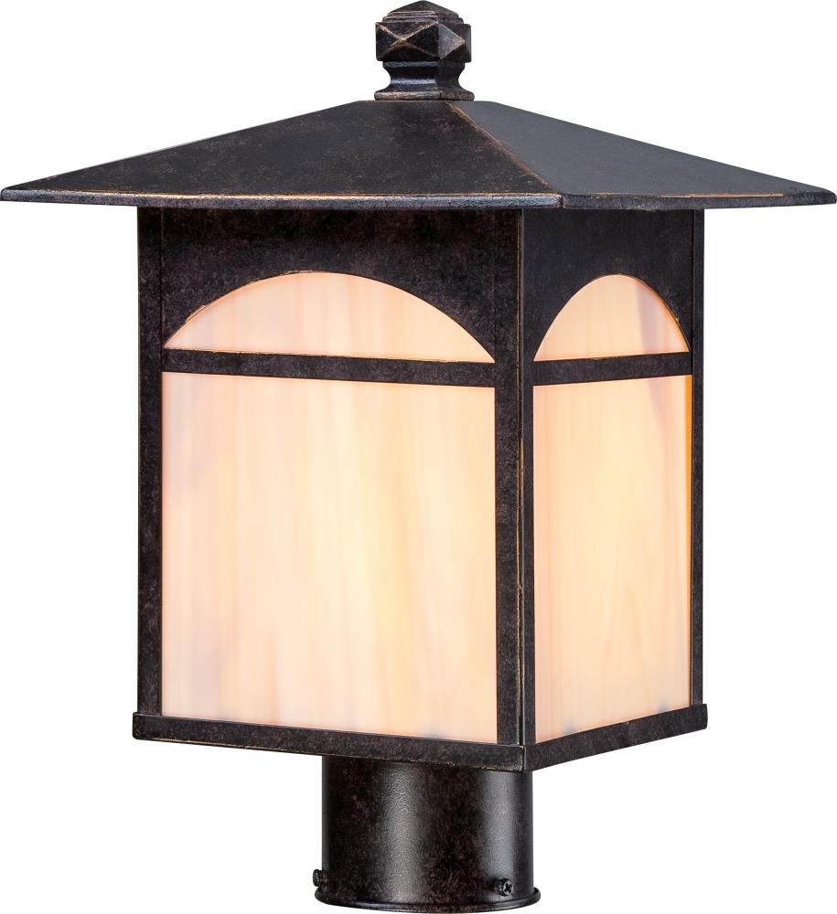 1-Light 9" Post Mounted Outdoor Fixture in Umber Bronze Finish and Honey Stained Glass
