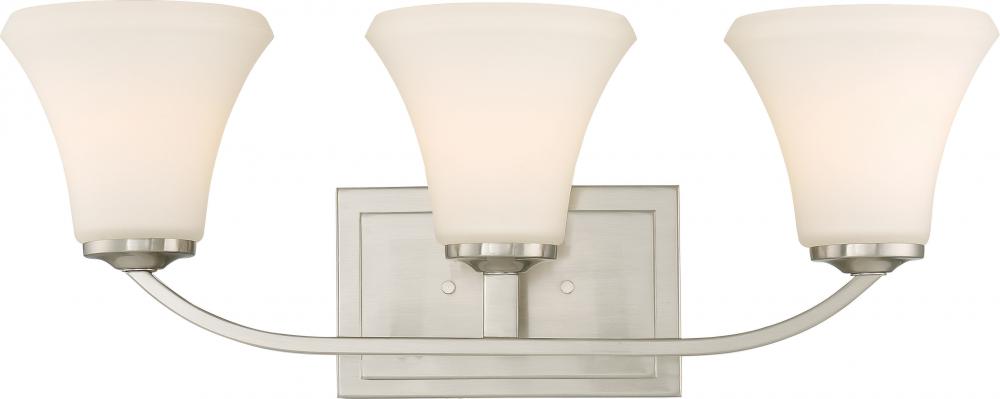 Fawn - 3 Light Vanity with Satin White Glass - Brushed Nickel Finish